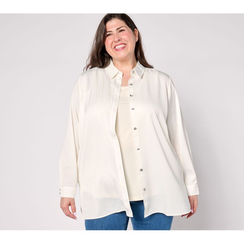 Susan Graver Women's Plus Sz Jacket 2x Woven Satin Button Front White A658931